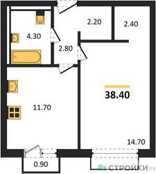 Планировка однокомнатной(апартаменты) площадью 38.4 квадратных метров в ЖК “ЖК Равновесие”