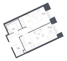Планировка однокомнатной(апартаменты) площадью 44.62 квадратных метров в “ЖК Скай Спутник”