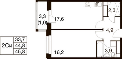 Планировка однокомнатной(квартира) площадью 44.4 квадратных метров в ЖК “ЖК Идеал”
