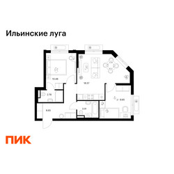 Планировка двухкомнатной(квартира) площадью 53.85 квадратных метров в ЖК “ЖК Ильинские луга”