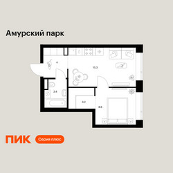 Планировка однокомнатной(квартира) площадью 34.5 квадратных метров в ЖК “ЖК Амурский парк”
