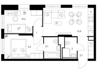Планировка двухкомнатной(квартира) площадью 46.7 квадратных метров в ЖК “ЖК Зеленый парк”