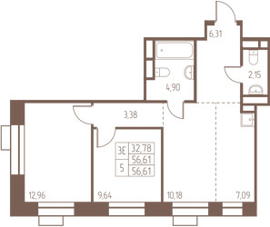 Планировка трехкомнатной(квартира) площадью 56.6 квадратных метров в ЖК “ЖК Западная Ивантеевка”