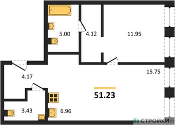 Планировка однокомнатной(апартаменты) площадью 51.23 квадратных метров в ЖК “ЖК Insider (Инсайдер)”