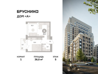 Планировка однокомнатной(квартира) площадью 36 квадратных метров в ЖК “ЖК Дом А”
