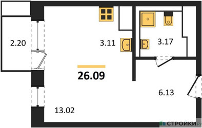 Планировка студии(квартира) площадью 26.09 квадратных метров в ЖК “ЖК Прибрежный Парк”