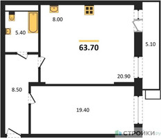 Планировка однокомнатной(квартира) площадью 63.6 квадратных метров в “ЖК Пироговская Ривьера”