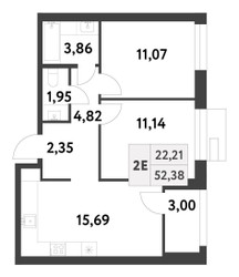 Планировка двухкомнатной(квартира) площадью 52.94 квадратных метров в “ЖК Smart Garden (Смарт Гарден)”