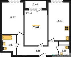 Планировка двухкомнатной(квартира) площадью 55.64 квадратных метров в “ЖК Светлый мир БиоПолис”