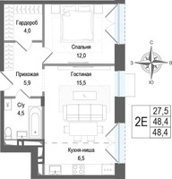Планировка двухкомнатной(квартира) площадью 48.4 квадратных метров в “ЖК КИНОКВАРТАЛ”