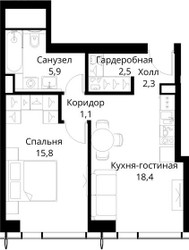 Планировка однокомнатной(квартира) площадью 46 квадратных метров в ЖК “ЖК Сити Бэй”