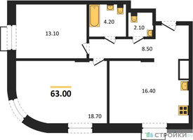 Планировка двухкомнатной(квартира) площадью 63 квадратных метров в “ЖК Резиденции Сколково”