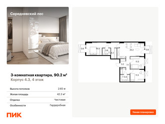 Планировка трехкомнатной(квартира) площадью 90.2 квадратных метров в ЖК “ЖК Середневский лес”