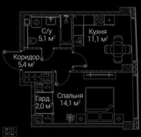 Планировка однокомнатной(квартира) площадью 37.7 квадратных метров в “ЖК СЕЗАР БУДУЩЕЕ”