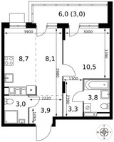 Планировка двухкомнатной(квартира) площадью 44.3 квадратных метров в “ЖК 1-й Саларьевский (Первый Саларьевский)”