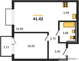 Планировка однокомнатной(квартира) площадью 41.42 квадратных метров в “ЖК Пригород Лесное”