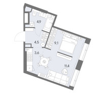 Планировка однокомнатной(квартира) площадью 33.5 квадратных метров в “ЖК Родина Переделкино”