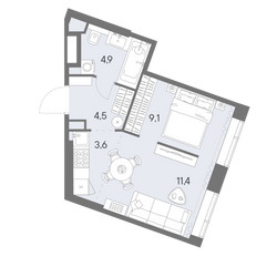 Планировка однокомнатной(квартира) площадью 33.5 квадратных метров в ЖК “ЖК Родина Переделкино”