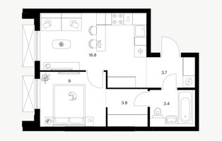 Планировка однокомнатной(квартира) площадью 36.7 квадратных метров в “ЖК Мичуринский Парк”