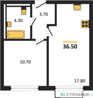 Планировка однокомнатной(квартира) площадью 36.5 квадратных метров в “ЖК Равновесие”