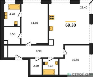 Планировка двухкомнатной(квартира) площадью 69.3 квадратных метров в ЖК “ЖК Portland (Портланд)”