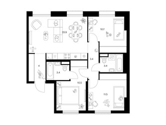 Планировка трехкомнатной(квартира) площадью 67.8 квадратных метров в ЖК “ЖК Москворечье”
