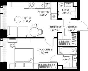 Планировка однокомнатной(квартира) площадью 43.63 квадратных метров в ЖК “ЖК Веер”