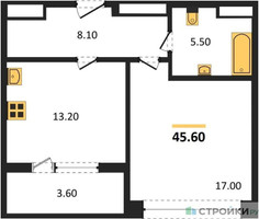 Планировка однокомнатной(квартира) площадью 45.6 квадратных метров в “ЖК Sydney City (Сидней Сити)”