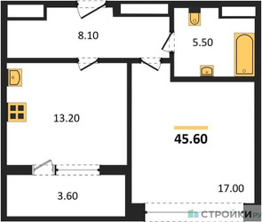 Планировка однокомнатной(квартира) площадью 45.6 квадратных метров в ЖК “ЖК Sydney City (Сидней Сити)”