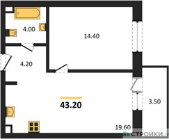 Планировка однокомнатной(квартира) площадью 43.1 квадратных метров в “ЖК Одинцовские кварталы”