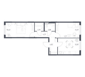 Планировка двухкомнатной(квартира) площадью 56.47 квадратных метров в ЖК “ЖК Горки Парк”