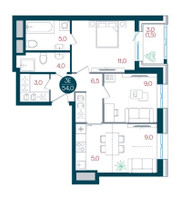 Планировка трехкомнатной(квартира) площадью 54 квадратных метров в “ЖК РУСИЧ-Кантемировский”