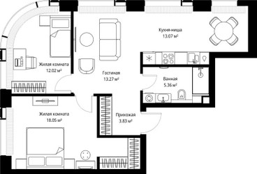 Планировка двухкомнатной(квартира) площадью 65.6 квадратных метров в ЖК “ЖК Веер”