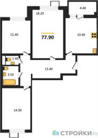 Планировка трехкомнатной(квартира) площадью 77.9 квадратных метров в ЖК “ЖК 1-й Ленинградский (Первый Ленинградский)”