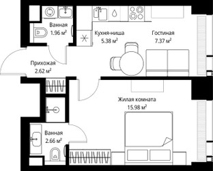 Планировка однокомнатной(квартира) площадью 35.97 квадратных метров в ЖК “ЖК Веер”