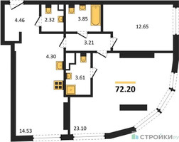 Планировка двухкомнатной(квартира) площадью 72.2 квадратных метров в “ЖК Солос”