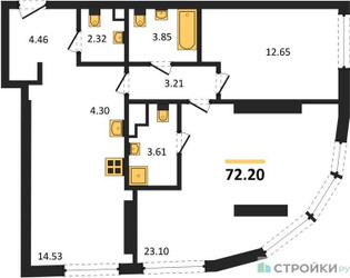 Планировка двухкомнатной(квартира) площадью 72.2 квадратных метров в ЖК “ЖК Солос”