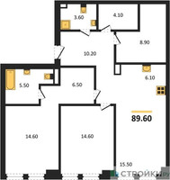 Планировка двухкомнатной(квартира) площадью 89.6 квадратных метров в “ЖК Мангазея на Тульской”