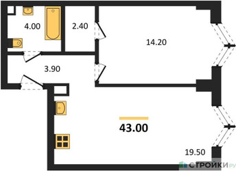 Планировка однокомнатной(квартира) площадью 43 квадратных метров в ЖК “ЖК ЗИЛАРТ”
