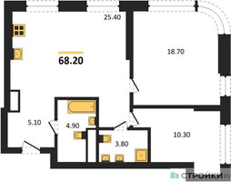 Планировка двухкомнатной(квартира) площадью 68.2 квадратных метров в “Архитектурный проект U2 (ЮТУ)”