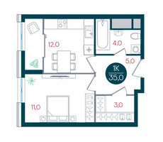 Планировка однокомнатной(квартира) площадью 35 квадратных метров в “ЖК РУСИЧ-Кантемировский”