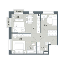 Планировка трехкомнатной(квартира) площадью 61.6 квадратных метров в ЖК “ЖК Станиславский”