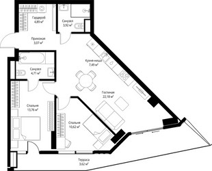 Планировка двухкомнатной(квартира) площадью 74.26 квадратных метров в ЖК “ЖК Джойс”