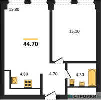 Планировка однокомнатной(апартаменты) площадью 44.7 квадратных метров в “ЖК Emotion (Эмоушен)”