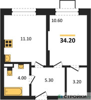 Планировка однокомнатной(квартира) площадью 34.2 квадратных метров в “ЖК Видный берег 2”