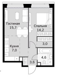 Планировка двухкомнатной(квартира) площадью 48.1 квадратных метров в ЖК “ЖК Amber City (Амбер Сити)”