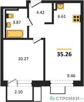 Планировка однокомнатной(квартира) площадью 35.26 квадратных метров в “ЖК Квартал Ивакино”