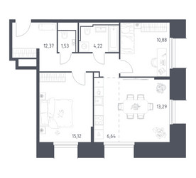 Планировка двухкомнатной(апартаменты) площадью 64.05 квадратных метров в ЖК “ЖК Скай Спутник”