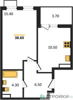 Планировка однокомнатной(квартира) площадью 38.6 квадратных метров в “ЖК Скандинавия”