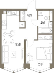 Планировка однокомнатной(квартира) площадью 42 квадратных метров в ЖК “ЖК Северный порт. Береговые кварталы”